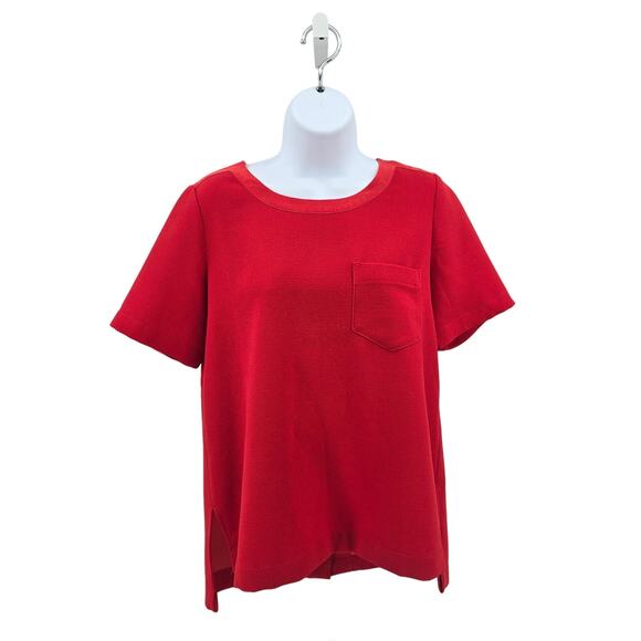 Madewell Red Short Sleeve Button Back Top Womens S Silk Trim High Low Crew Neck - Picture 2 of 8